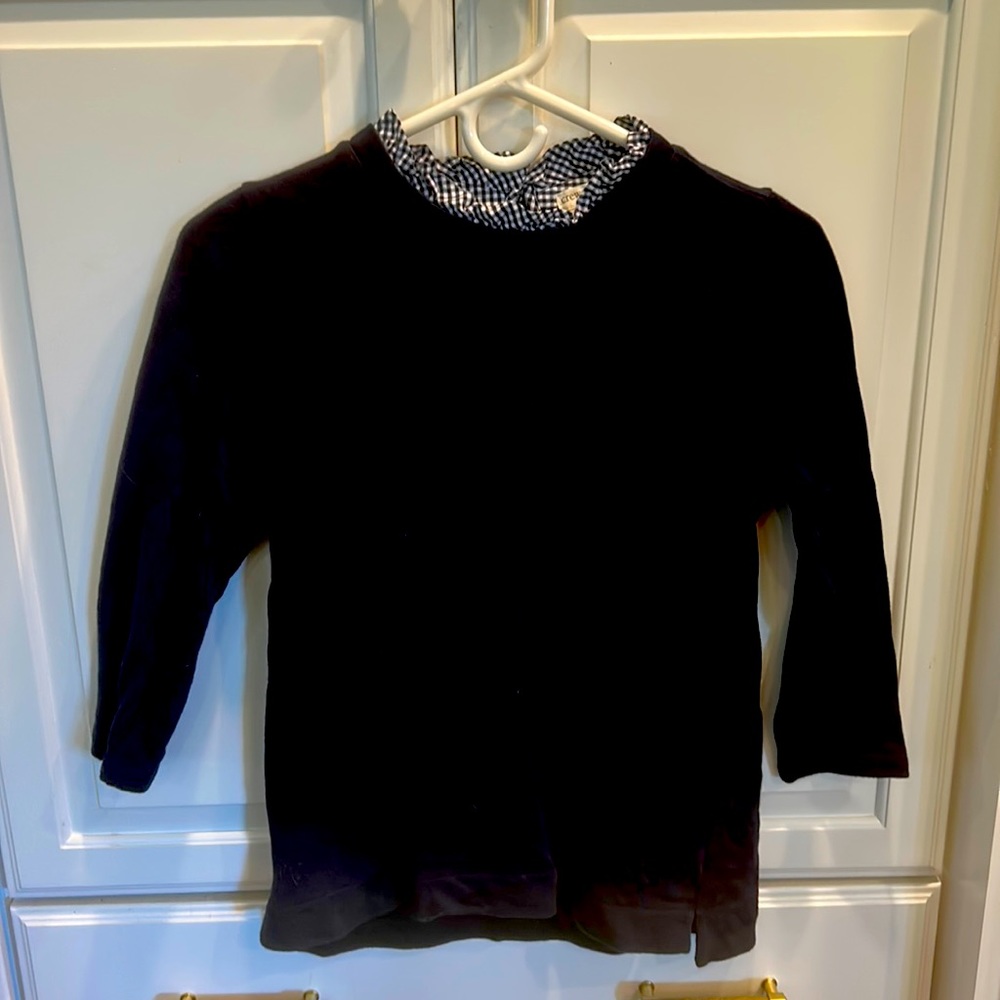 Crewcuts, navy sweater, with white and navy gingham ruffle at neck, size 14